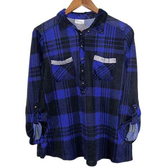 Avenue Plaid Roll Tab Sleeve  Blue & Black 14/16 Top - Picture 1 of 7